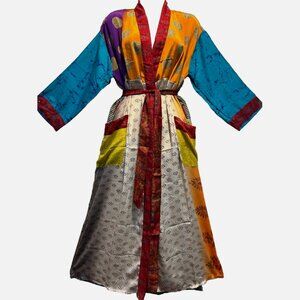 Nwt FUNKY STUFF boho patch belted vintage silk TOP DUSTER CARDIGAN XL